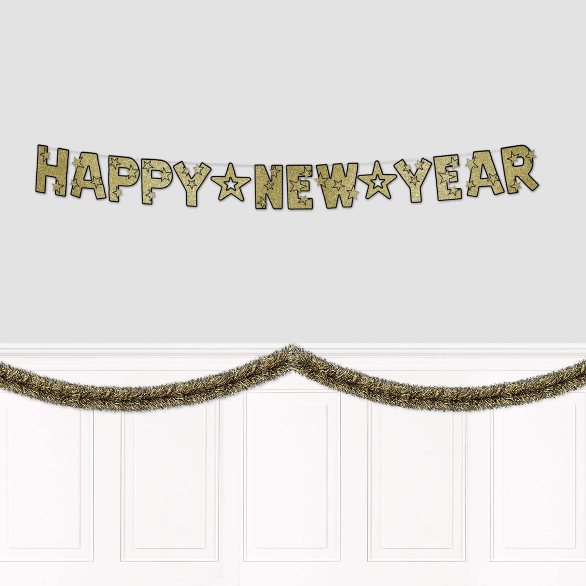 Beistle 15ft. Black & Gold Metallic Tinsel Garland